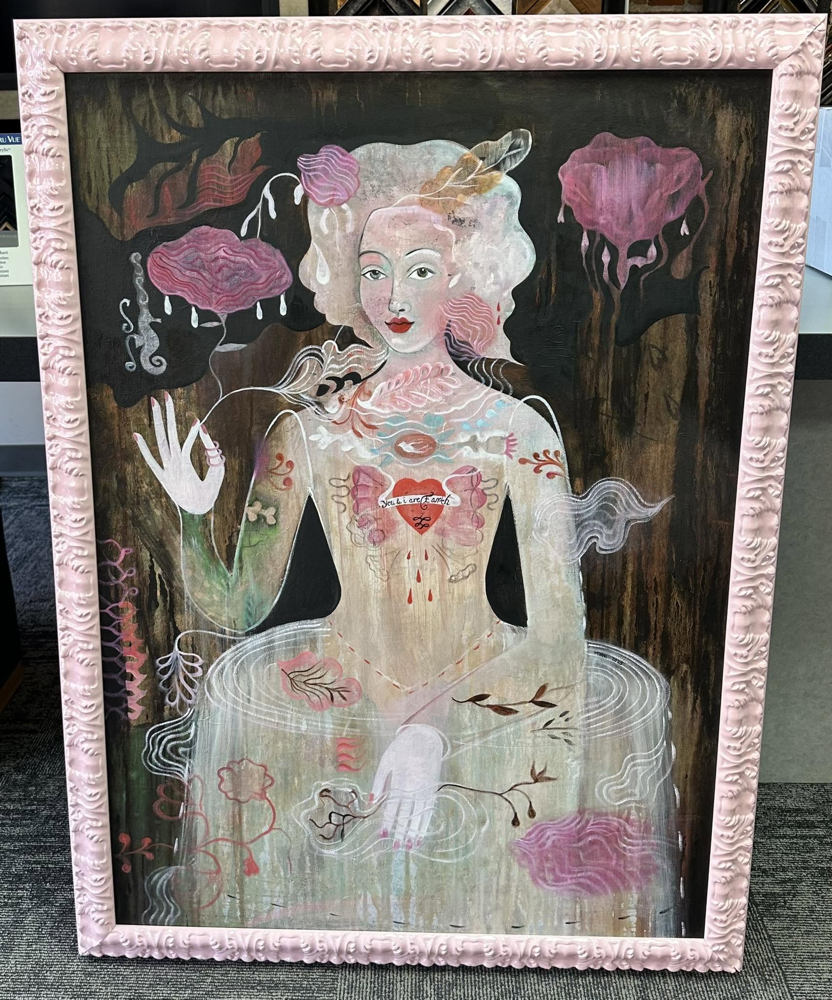 Custom framed contemporary artwork with pink ornate carved frame
