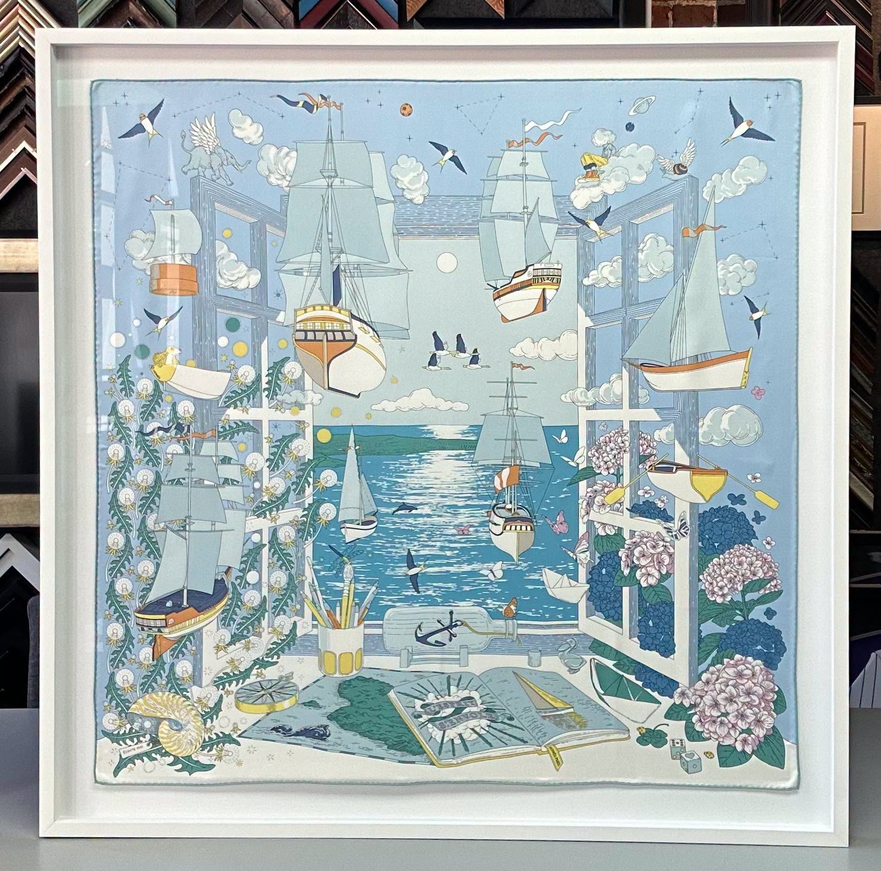 Custom framed nautical artwork in a white shadow box frame