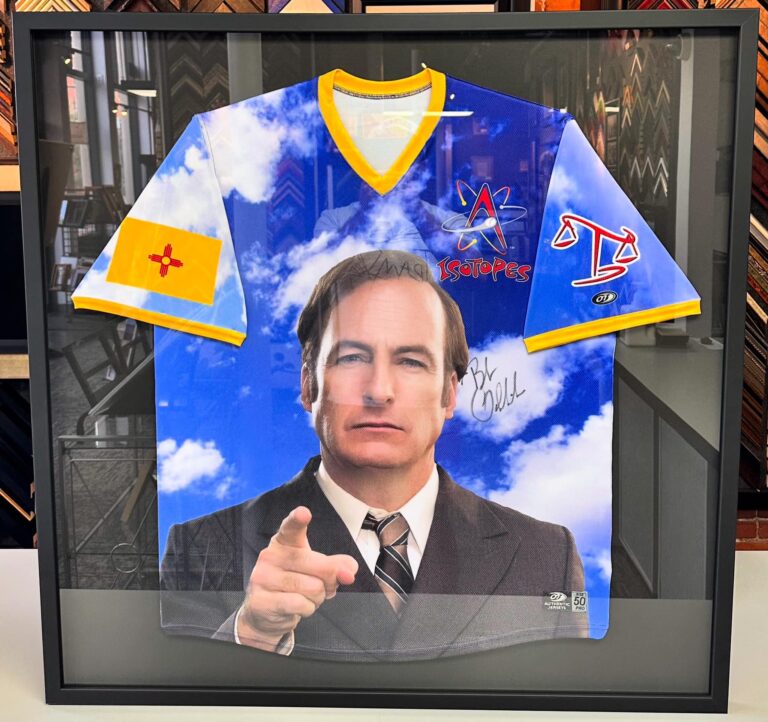 Custom framed autographed Albuquerque Isotopes jersey featuring Saul Goodman from Breaking Bad and Better Call Saul