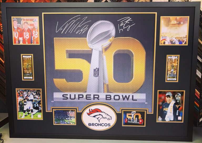 Custom framed Denver Broncos Super Bowl 50 memorabilia display with autographs and photographs