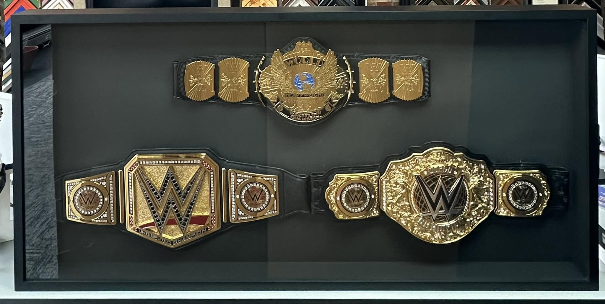 Custom shadowbox display for championship wrestling belts and sports memorabilia